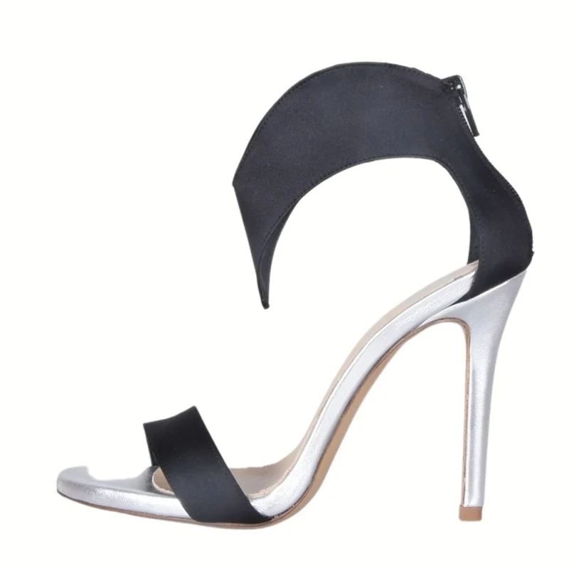 SANDALI DONNA CON PLATEAU INTERNO E TACCO 11 CM RASO NERO CAVIGLIA A "V"