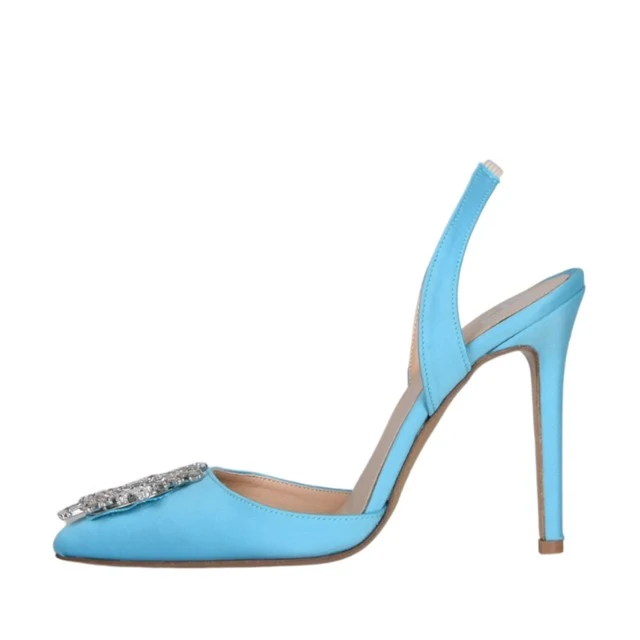Scarpe a punta in raso turchese con accessorio di strass