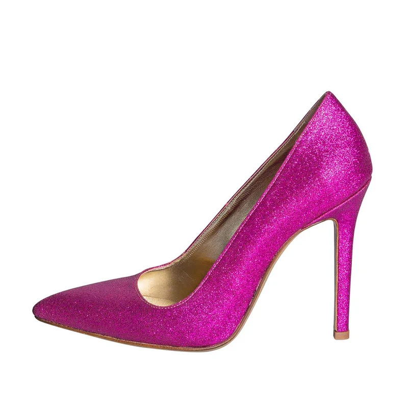 Decoltè a punta tacco alto a spillo glitter sottile fuxia