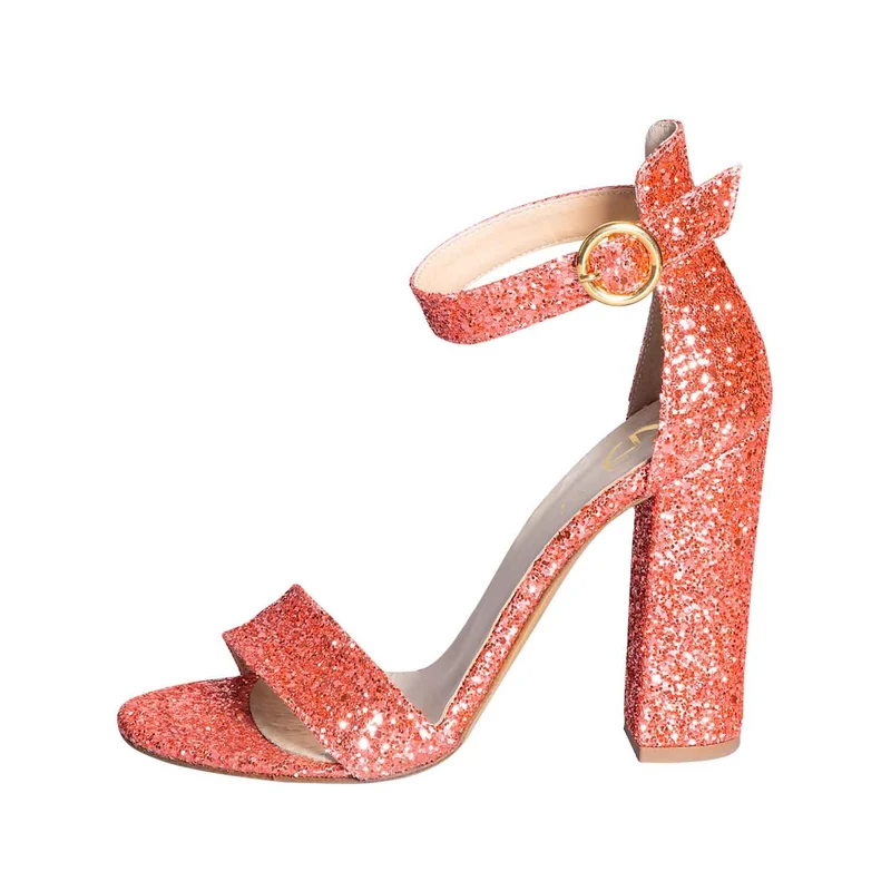 Sandali con tacco largo in glitter corallo