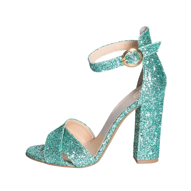 Sandali in glitter verde con tacco alto
