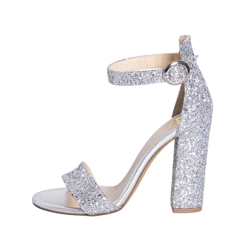 Sandali con tacco largo in glitter argento