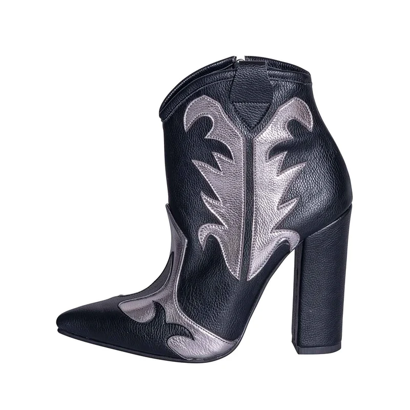 Stivaletti texani donna con tacco pelle nero e laminato c.fucile