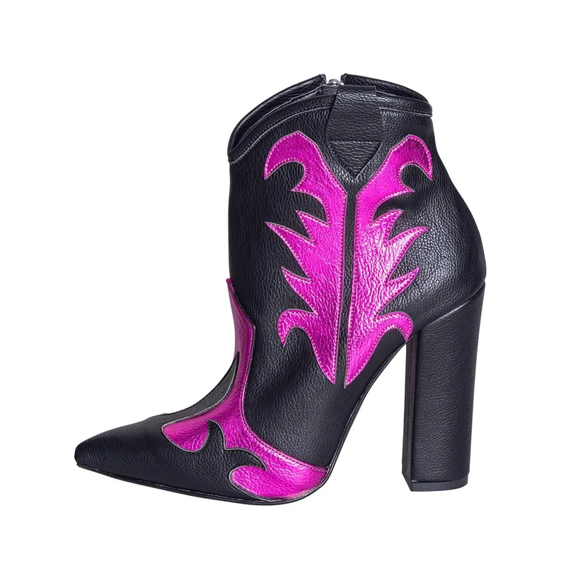 Stivaletti texani donna con tacco pelle nero e fuxia
