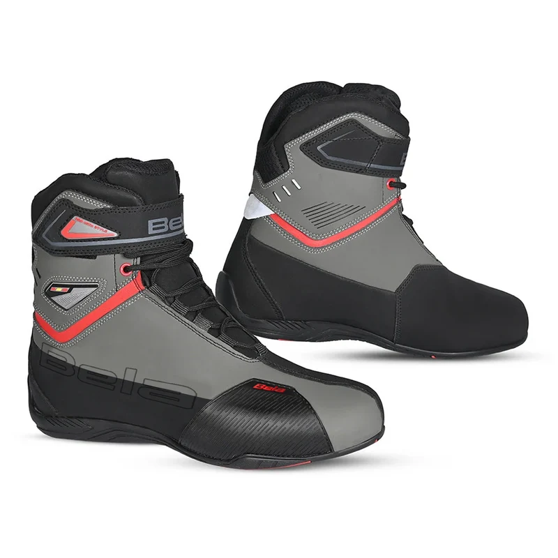 BELA BLAZE MAN PELLE STIVALI DI MOTO NERO GRIGIO ROSSO