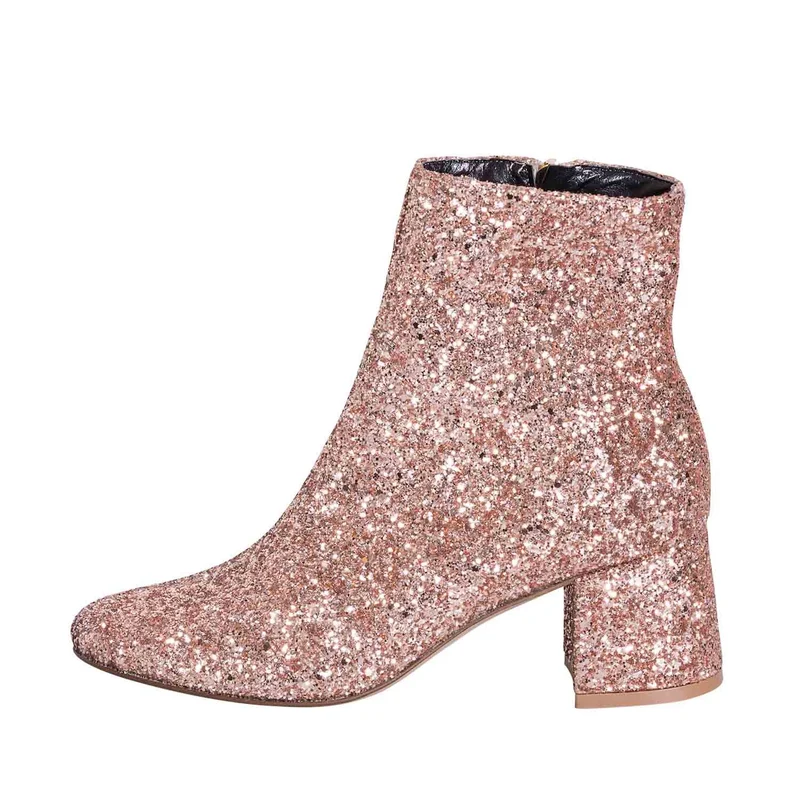 Stivaletti con tacco basso in glitter carne