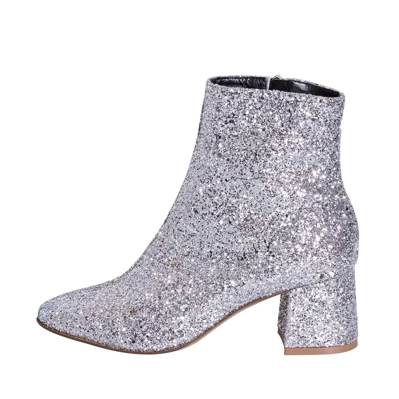 Stivaletti con tacco basso in glitter argento