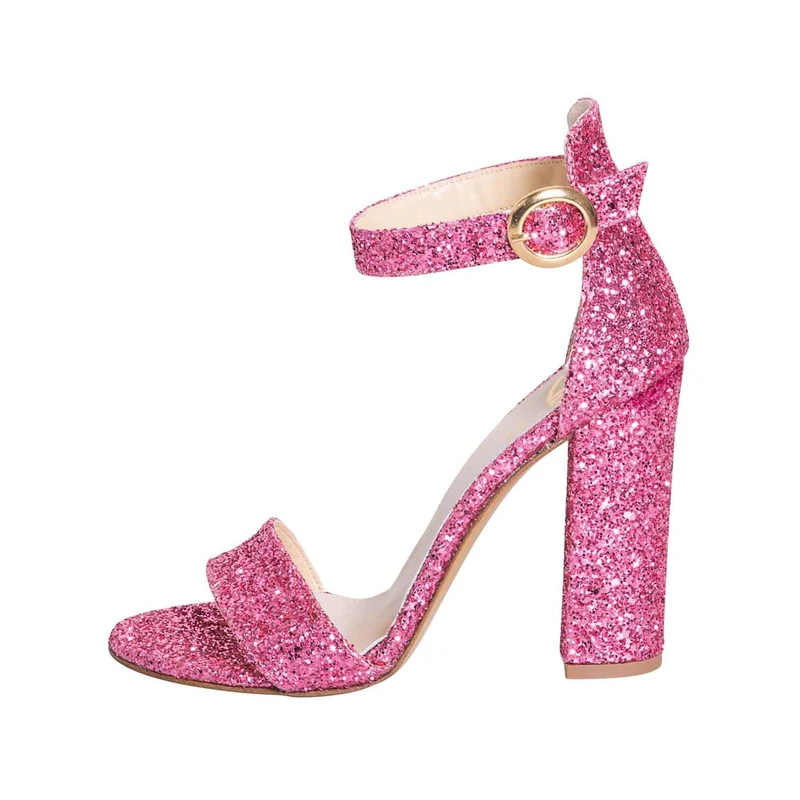 Sandali con tacco largo in glitter fucsia