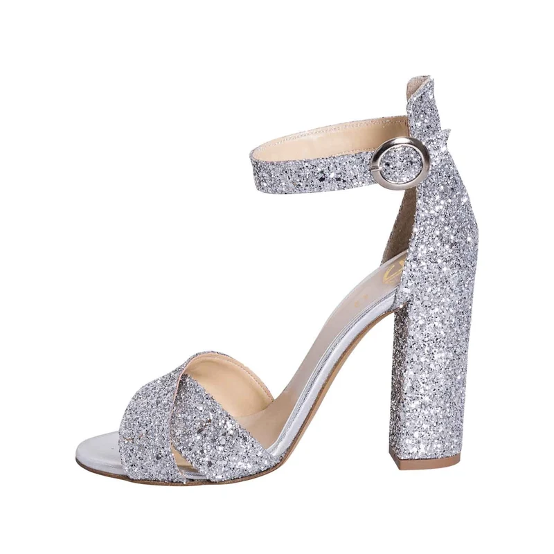 Sandali con tacco largo glitter argento