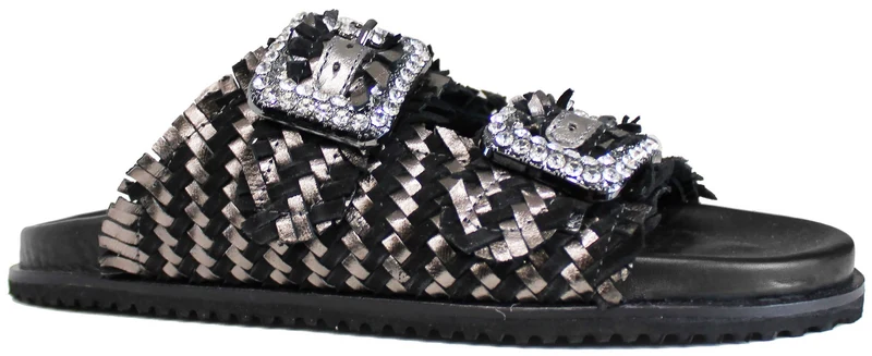 |CIABATTA DOPPIA FIBBIA STRASS INTRECCIATA NERO/ARGENTO|
