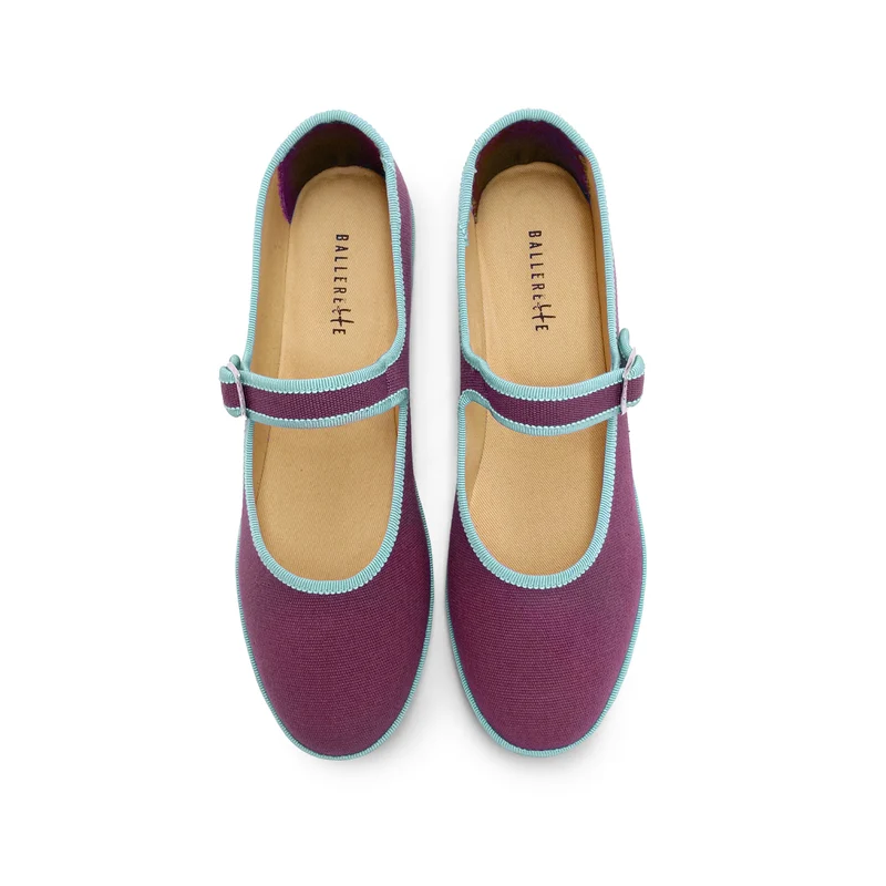 Ballerine friulane Mary Jane in cotone viola e dettagli celesti