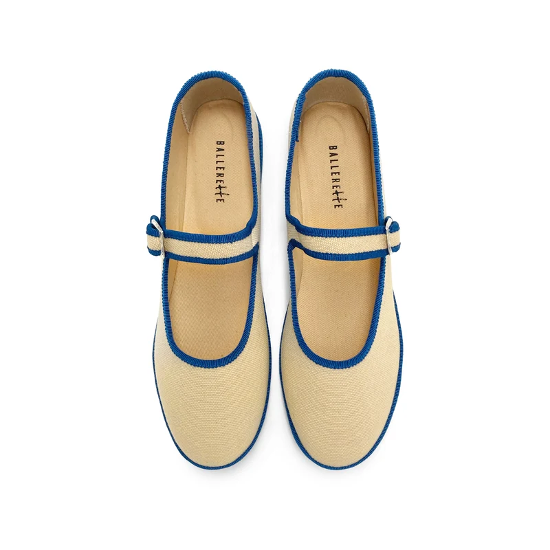 Ballerine friulane Mary Jane in cotone beige e dettagli blu