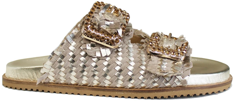 |CIABATTA DOPPIA FIBBIA STRASS INTRECCIATA ORO|