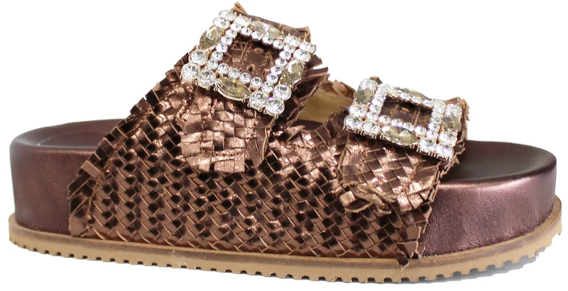 |CIABATTA DOPPIA FIBBIA STRASS INTRECCIATO BRONZO|