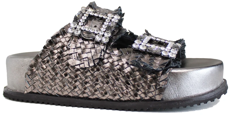 |CIABATTA DOPPIA FIBBIA STRASS INTRECCIATO CANNA DI FUCILE|