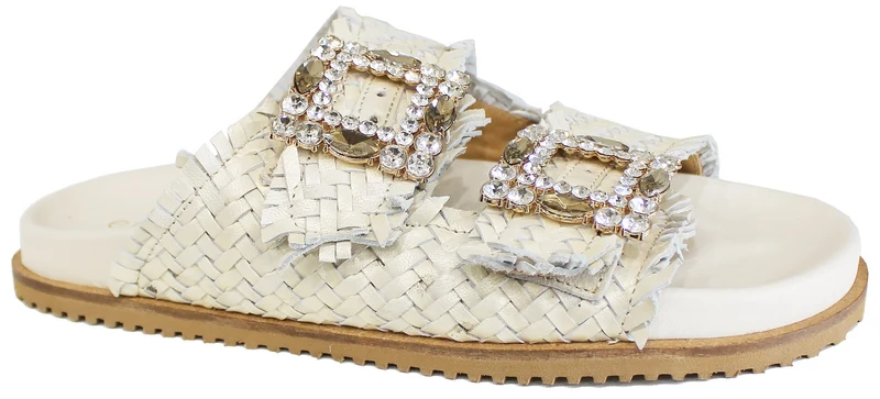 |CIABATTA DOPPIA FIBBIA STRASS INTRECCIATA BIANCA|