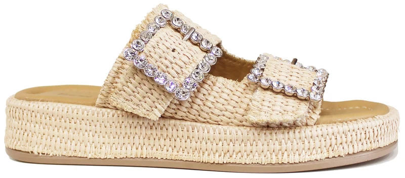 |CIABATTA DOPPIA FIBBIA STRASS RAFIA BEIGE|