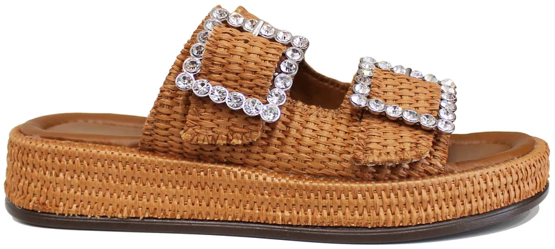 |CIABATTA DOPPIA FIBBIA STRASS RAFIA CUOIO|