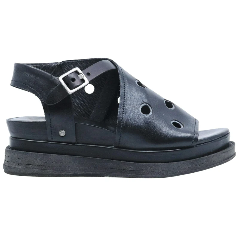 AS98 A15043 Nero Smoke sandalo donna in pelle nera con zeppa casual artigianale