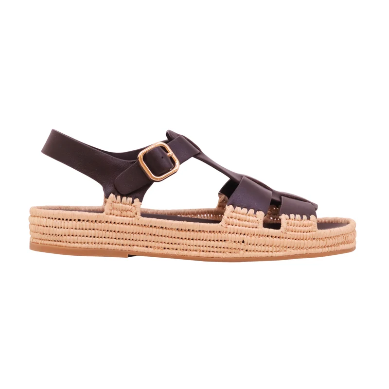 Paloma Barceló Yuka 302605 sandalo donna in pelle marrone con suola in rafia intrecciata