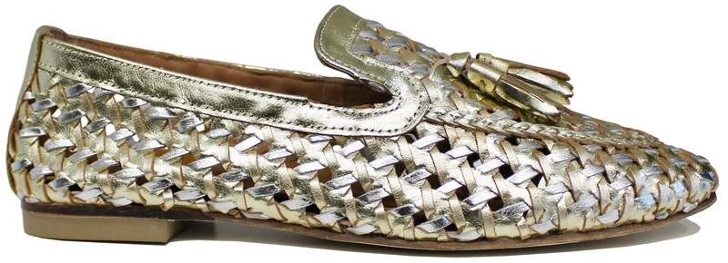 |MOCASSINO CON NAPPINE PELLE INTRECCIATA ORO|