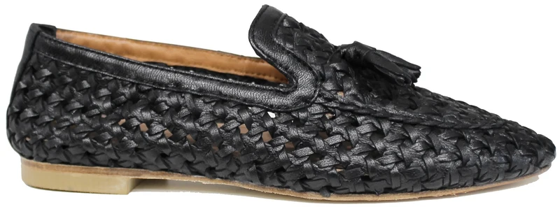 MOCASSINO CON NAPPINE PELLE INTRECCIATA NERA