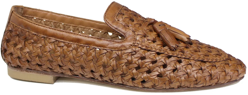 |MOCASSINO CON NAPPINE PELLE INTRECCIATA CUOIO|