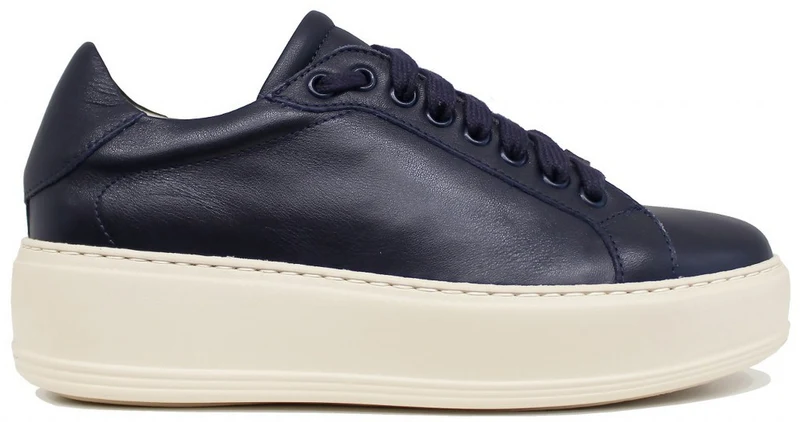 SNEAKER DONNA PELLE BLU SUOLA BEIGE