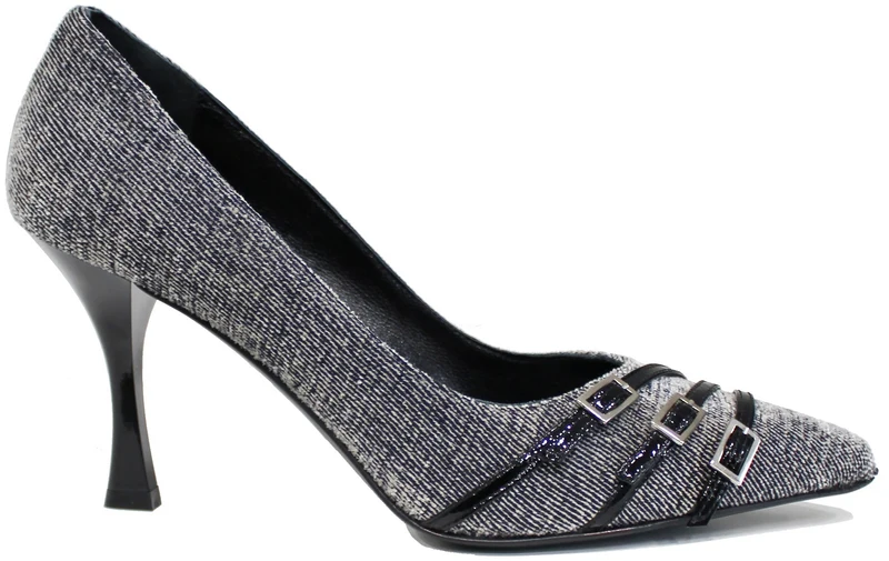 |DECOLTE' A PUNTA TRE FIBBIE TESSUTO JEANS|