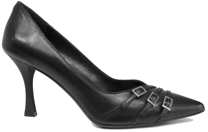 |DECOLTE' A PUNTA TRE FIBBIE PELLE NERA|