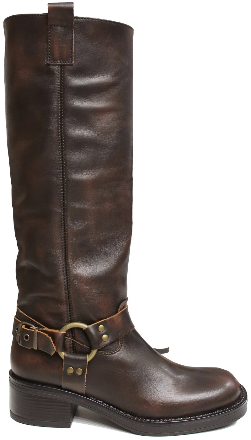 |STIVALE DONNA FIBBIA TONDA PELLE MARRONE|