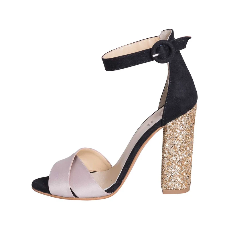 Sandali donna con tacco alto largo in glitter camoscio e raso