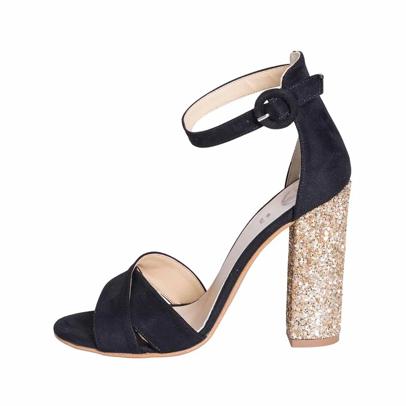 Sandali con tacco largo camoscio nero e glitter made in italy