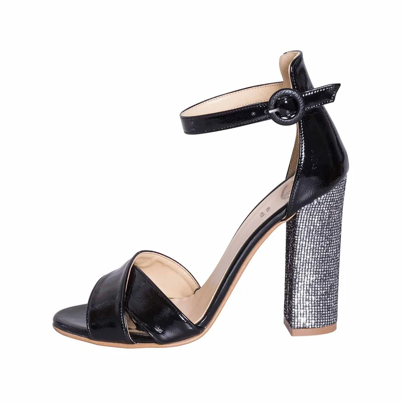 Sandali con tacco largo vernice nero e glitter made in italy