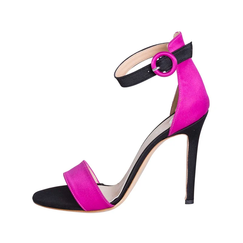 Sandali tacco a spillo in raso nero e fucsia