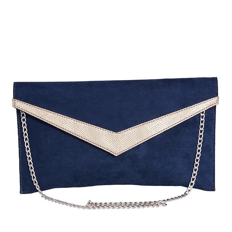 POCHETTE IN CAMOSCIO E LAMINATO BLU CON CATENA
