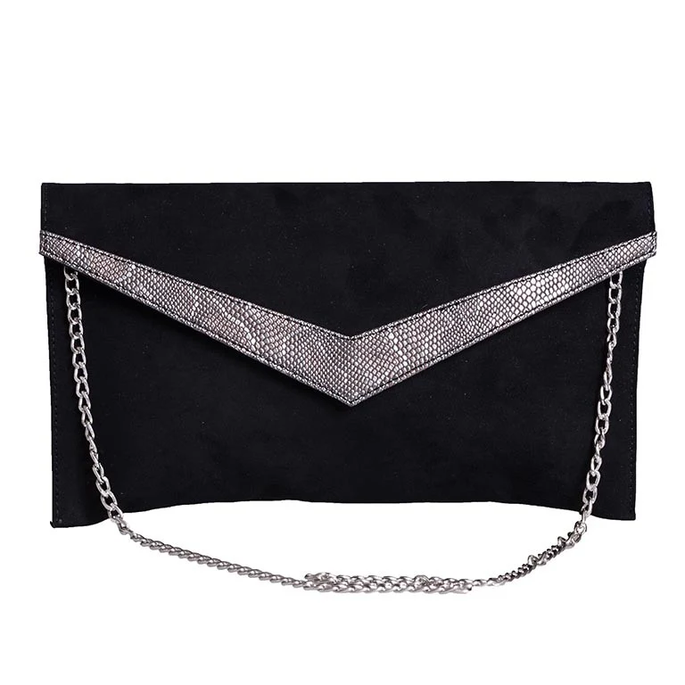 POCHETTE IN CAMOSCIO E LAMINATO NERO CON CATENA