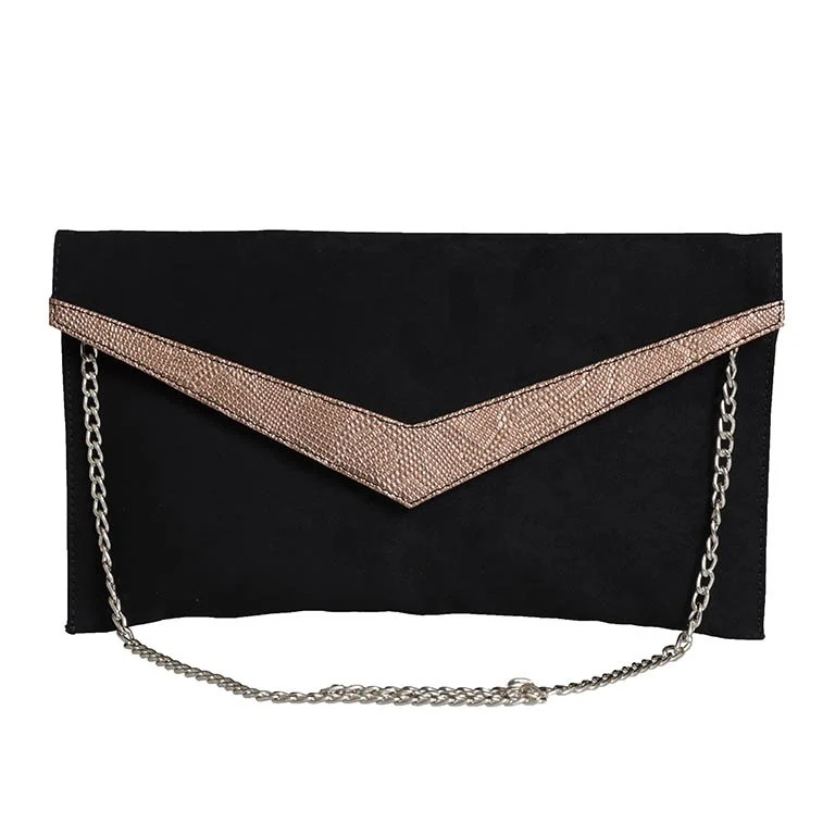 POCHETTE IN CAMOSCIO E LAMINATO NERO CON CATENA