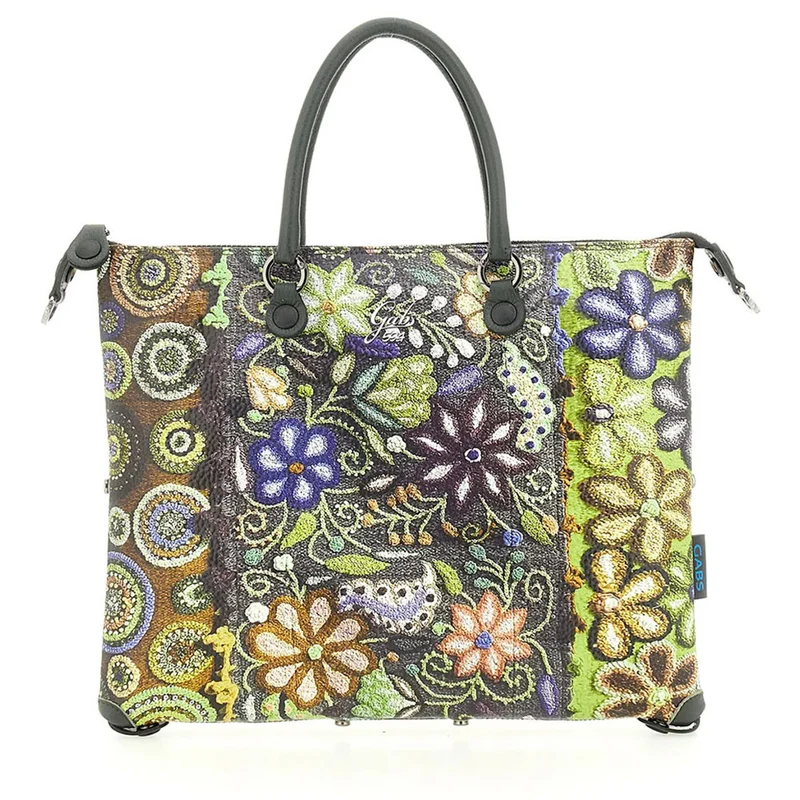Borsa Donna a Mano con Tracolla GABS G3 PLUS Large in Pelle stampa Ricamo Fiore Verde