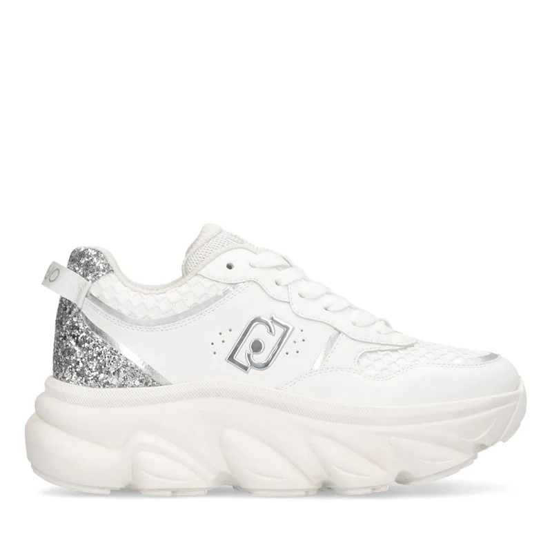 Scarpe Donna LIU JO Steffy 01 Sneakers Chuncky in Pelle Bianca con Inserto Glitter Argento