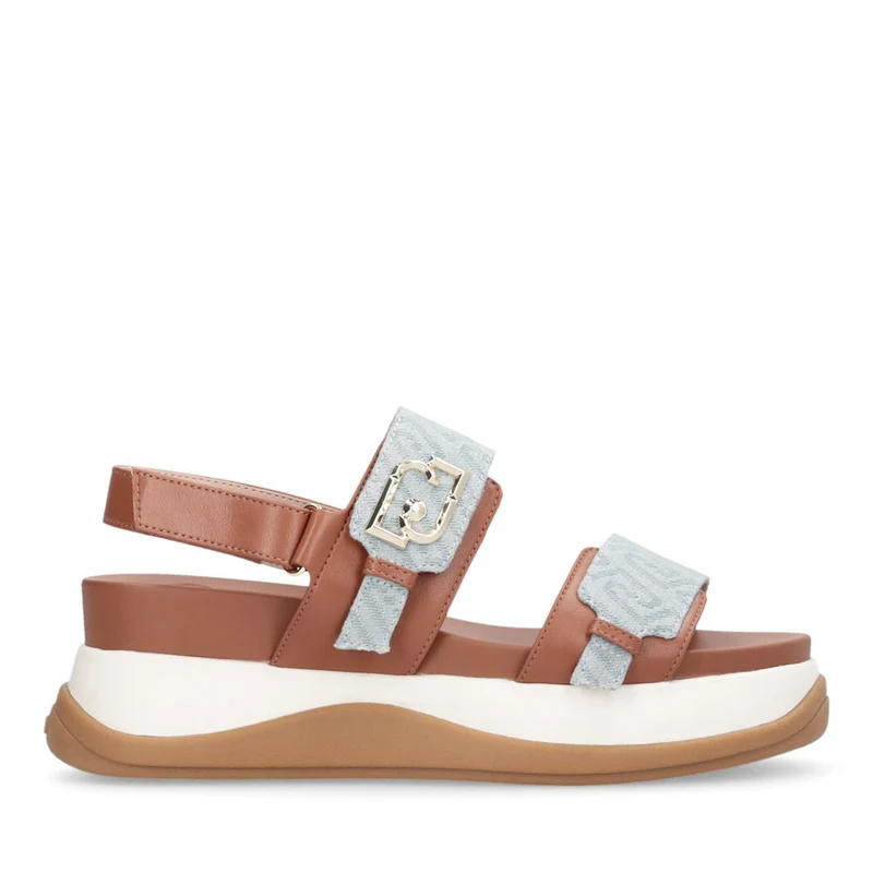 Sandali Platform Donna LIU JO Fiona 02 color Cuoio con Inserti Denim stampa Monogram