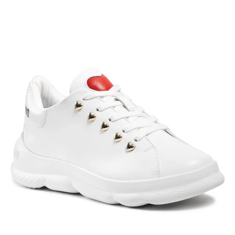 Scarpe Donna LOVE MOSCHINO Sneakers in Pelle Bianca con Borchie a Cuore