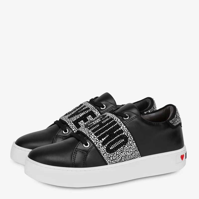 Scarpe Donna LOVE MOSCHINO Sneakers in Pelle Nera linea Crystal Band