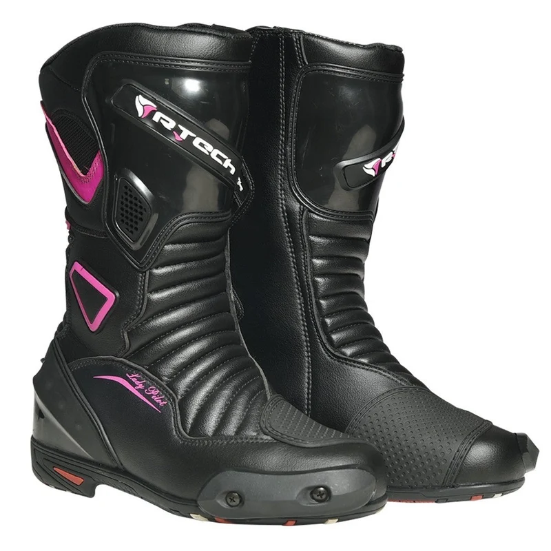 R-TECH PILOT LADY PELLE STIVALI DI MOTO DONNA NERO ROSA FLUO