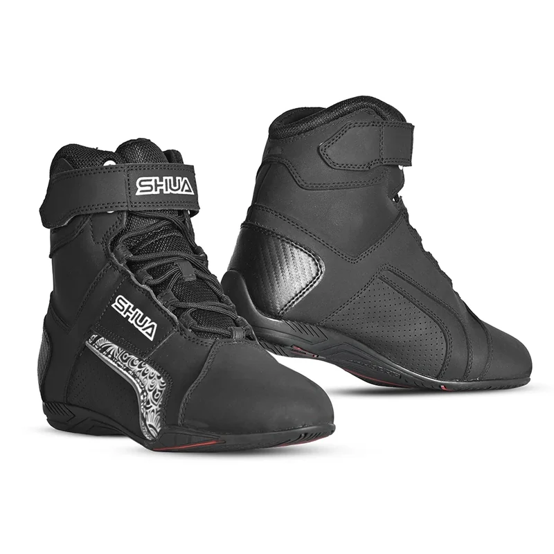 SHUA DUKE PRO PELLE STIVALI DI MOTO DONNA NERO BIANCO