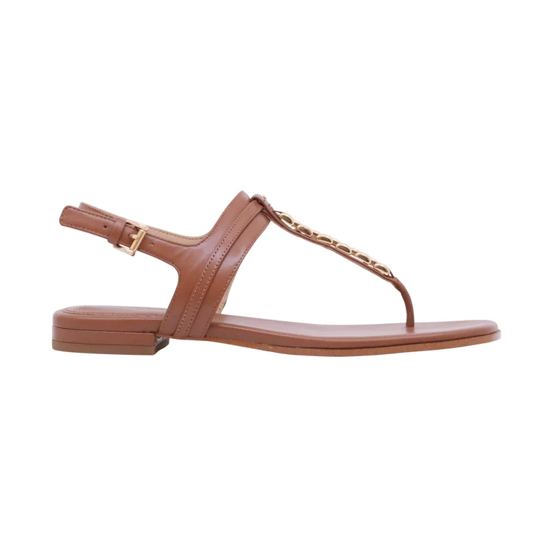 Michael Kors Marcia Thong sandalo infradito donna in pelle cuoio Luggage con catena oro