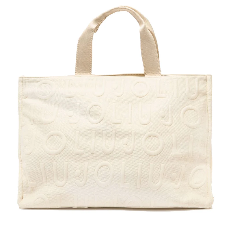 Tote Bag Large LIU JO in Maglia Bianco Panna con Logo Jacquard