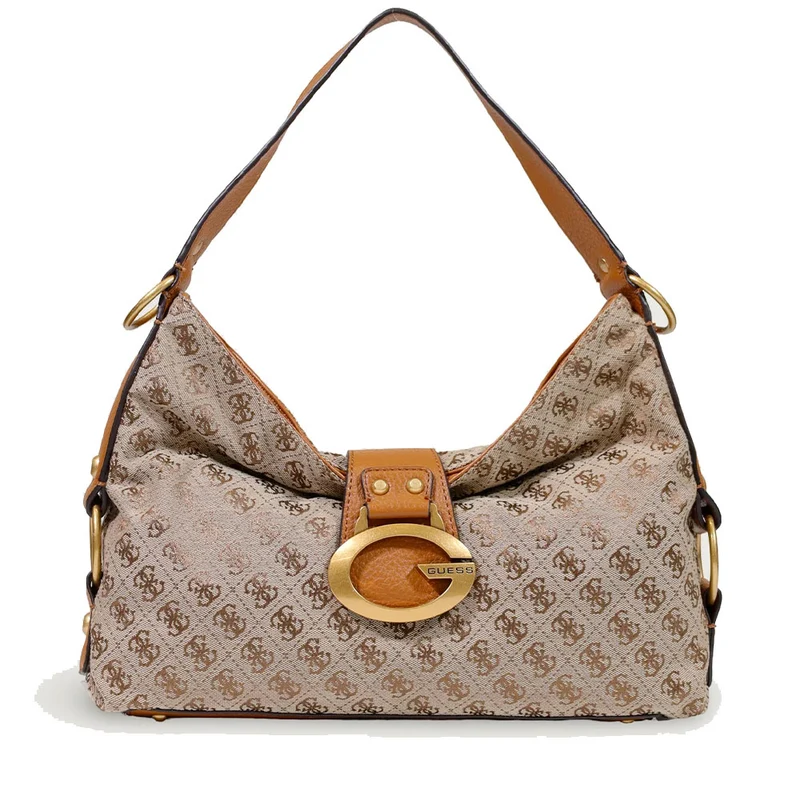 Borsa Donna Hobo a Spalla GUESS Linea Camden Colore Latte Logo - Cognac