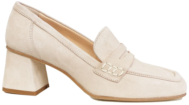 |MOCASSINO CON TACCO PUNTA QUADRATA CAMOSCIO BEIGE|
