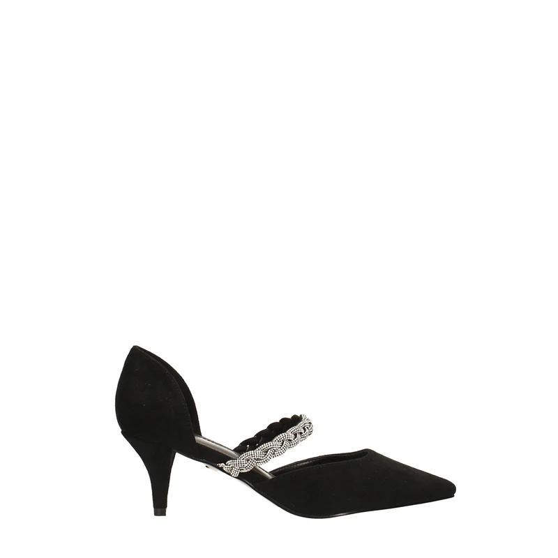 Décolleté scamosciate aperte ai lati con cinturino centrale con strass. Tacco alto 6cm